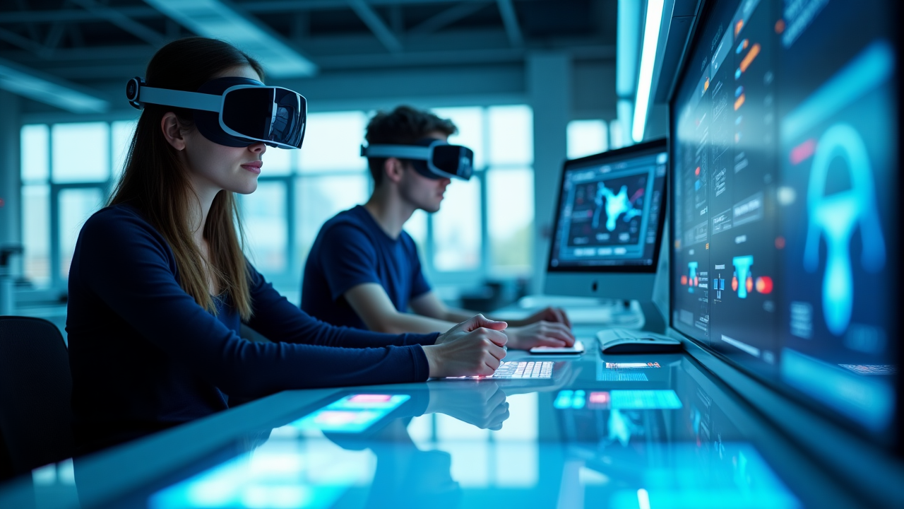 Students engaging with advanced educational technology in a collaborative innovation laboratory